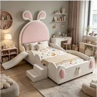 REDOM Kinderbett Polsterbett Bett (mit Kinderrutsche & Treppe, mit Aufbewahrungstasche, Kinder-Einzelbett mit rosa Hasenohren 90x200 cm), Ohne Matratze