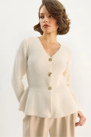 Rippstrick Langarm V-Ausschnitt Cardigan mit Knöpfen