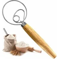 Layba Schneebesen Dänischer Teigbesen mit Holzgriff für Brot Kuchen Pizzateig Mischen, Effizientes Mischen von Teig ohne Klumpenbildung