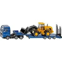 SUPER MAN LKW mit Tieflader und JCB Radlader, Modellfahrzeug blau/gelb