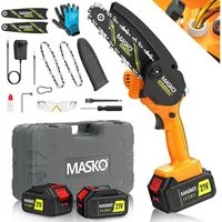 MASKO Akku-Kettensäge Mini Kettensäge 800W Elektrische Motorsäge mit Automatischem Ölsystem, Inkl. Koffer, 2x 4000mAh Akkus, 2x extra Ersatzketten & Handschuhe, 8000mAh Handkettensäge für Astschnitte & Holzarbeiten