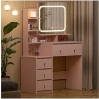 Lexzurn Schminktisch Schminktisch mit LED-Beleuchtung, Kosmetiktisch mit Spiegel, 4 Schubladen+6 offene Fächer, Helligkeit verstellbar, 92.6x132x36 cm