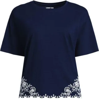Flammgarn-Shirt mit Saumstickerei, Damen,  Blau, Baumwolle, by Lands' End