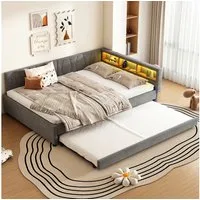 Flieks Daybett, LED Polsterbett Schlafsofa 140x200cm & Ausziehbett 90x190cm & Aufladen