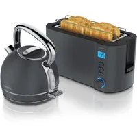 Arendo Frühstücks-Set Edelstahl Wasserkocher 1,7l, 4-Scheiben Langschlitz Toaster, Cool Grey (2-tlg), Vintage Wasserkocher Temperatureinstellung, Toaster Brötchenaufsatz