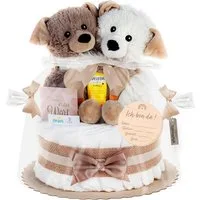 Timfanie Windeln Windeltorte, mit Warmies® Hunde Zwillinge, 0-8 Monate (Handgefertigtes Geschenk - In Folie gehüllt, mit Schleifen verziert, 28-St., 20x Pampers Premium, 1 Marken-Kuscheltier, wertige Accessoires), Das Perfekte Geschenk zur Geburt ode