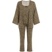 fashionshowcase Pyjama Damen 3-teiliges Set - Hausanzug mit Top, Hose & Morgenmantel (Nachtwäsche-Set, 3 tlg) Dreiteiliges Damen Set mit Muster und Details
