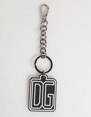 Dolce & Gabbana Schwarz Weiß DG Gummi Logo Silber Herren Schlüsselanhänger Schlüsselring