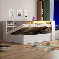 Merax Daybett mit LED und USB-Steckdose (Tagesbett Massivholz Kinderbett Jugendbett, 1 tlg), Schlafsofa 90x200cm mit hydraulischem Stauraum und Ablagefächern
