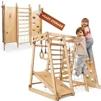 Goodevas Klettergerüst Multifunktionale Schwedenwand & Klettergerüst für Kinder, (Holz-Spielplatz mit Kletterbrett, Kletterseil, Kletterwand, Holzleiter, Rutschbrett, Schaukel, Strickleiter, Seilringe, Monkey bar, 9-St)