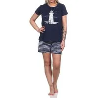 Normann Pyjama Damen kurzarm Shorty Pyjama mit Leuchtturm-Motiv maritim