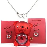Kunstblume Ewige Rose Valentinstagsgeschenk, Rosenbär, Halskette mit Verpackung, NEXORA, Umfangreiches Geschenkset mit einer Halskette & ewigen Rose