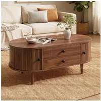 Merax Couchtisch Oval Sofatisch mit vertikalen Leisten in Holzoptik (1-St., 100x50x40 cm), Wohnzimmertisch mit Schiebetüren, 2 Schubladen & Stauraum