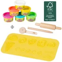 roba® Knete roba x Play-Doh nachhaltiges Spielset mit Knete - Starterset (Set klein, 3D-Kreativmatte, FSC-Holzwerkzeuge, 6 Knetdosen), Kreatives & pädagogisch wertvolles Geschenk - Für Kinder ab 3 Jahren