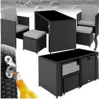 tectake Sitzgruppe Rattan-Gartenlounge für 2 bis 4 Personen, inklusive Flaschenöffner, (Loungeset Palermo, 5-tlg., für Außen in Schwarz/Grau), widerstandsfähig, UV-beständig, mit Sicherheitsglasplatte