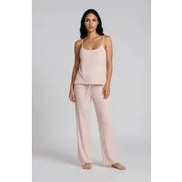 Mademoiselle Sommeil Pyjama Damen Camisole-Schlafanzug aus Pointelle-Strick in zartem Rosé 100% Baumwolle, lange Hose mit Taschen, gefertigt in Polen