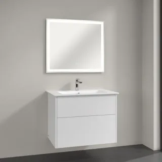 Villeroy & Boch Finero Badmöbel Set 80 cm Glossy White Waschtisch mit Waschtischunterschrank und Spiegel