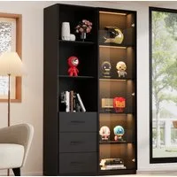 OKWISH Vitrine LED-Schrank mit Glasfront & mehrfarbiger Beleuchtung (Packung, 1-St., Schwarz, Glas, 80x40x160cm) 3 Türen, 3 Schubladen, Alu-Rahmen & LED