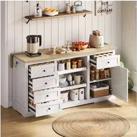 Flieks Küchenbuffet Kücheninsel mit Steckdosen und erweiterbaren Arbeitsplatte Weiß (B150/T45-65/H75,5 cm, 1-St., Schrank mit verstellbaren Einlegeböden) Küchenschrank Kommode mit 5 Schubladen, 2 Ausziehböden und 1 Türen