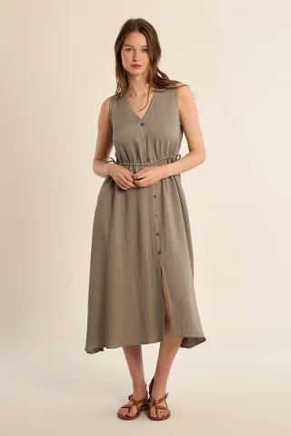 molly bracken - Ärmelloses Midikleid mit V-Ausschnitt und Knopfleiste braun/grün - Gr. - S