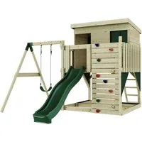 OutdoorToys Spielturm Tjorven, aus Holz in Dunkelgrün mit Kinderschaukel & Rutsche, Kletterwand