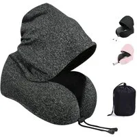 SURFOU Reisekissen Nackenkissen Flugzeug U-Form Nackenhörnchen Memory Foam mit Haube, Abnehmbarer, maschinenwaschbarer Kissenbezug, Verstellbare Kordel, Faltbares U-förmiges für optimale Nackenanpassung, Große Kapuze für effektiven Lichtschutz, mit A