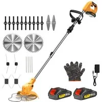 CONENTOOL Akku-Rasentrimmer 21V mit 4000mAh Akku, Verstellbarer Teleskopstiel, 15 cm Arbeitsbreite Messer, (Set, mit 4 Messertypen), Freischneider & Kantenschneider, inkl. 2 x 2.0Ah Akkus