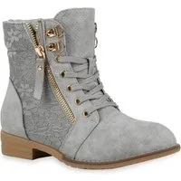 VAN HILL 815442 Schnürstiefelette Damen Schnürstiefeletten Spitze Stiefeletten Zipper Worker Boot