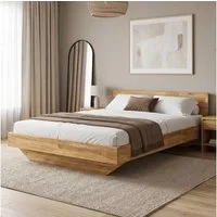skølm Massivholzbett Hjort, Bettgestell mit Kopfteil aus Eichenholz, Natur geölt (140x200 cm), massives Schwebebett geeignet als Doppelbett für Schlafzimmer   