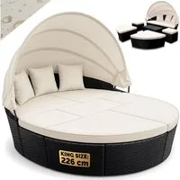Casaria Sonneninsel Schwarz, 226cm Sonnenliege Polyrattan Faltdach Wetterfest Kissen Gartenliege
