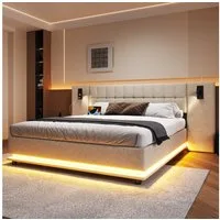 Merax Polsterbett (1-tlg), Doppelbett 180x200cm mit LED-Leiste USB-Anschluss Leselicht, Leinen