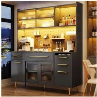 Odikalo Küchenbuffet Küchenschrank Buffetschrank mit LED & großer Stauraum (mit LED-Beleuchtung,Hochschrank für Küche & Wohnzimmer, Aufbewahrungsschrank mit Lochwand, Schublade & Glasböden)