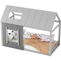 Flieks Kinderbett, Massivholz Einzelbett Hausbett mit Dach und Fenster 90x200cm