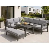 MeXo Gartenlounge-Set XXL Lounge Gartenmöbelset aus Aluminium, wetterfest, (Ecksofa mit linker Ecke für 6-8 Personen, 5-tlg., 12/15 cm dicke Kissen, Terrassenmöbel Set mit hohem Tisch), pflegeleichte Polywood-Tischplatte, flexibel kombinierbar