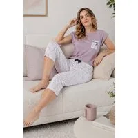 COOLISMO NIGHTWEAR Capri-Pyjama Damen 3/4-Pyjama Baumwolle (2 tlg) elegantes Set in Taupe mit Pünktchenhose und schwarzem Piping