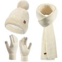 Coonoor Mütze & Schal Damen Winter-Set, Mütze mit Bommel, Schal & Touchscreen-Handschuhe (3-tlg) Fleece gefüttert, warmes 3-in-1 Geschenkset