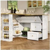 Flieks Bartisch 360° drehbar Stehtisch Kommode mit Schubladen, Türablage und Klappen (Länge 138-204/T39/H105 cm, 2-St., 2er Set), schwenkbar Küchenschrank Sideboard mit Tisch und Stauraum Kücheninsel