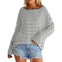 Arach&Cloz Langarmshirt Damen Oversize Shirt, Gestreiftes Off-Shoulder Top für Sommer und Urlaub