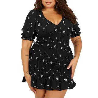 Brave Soul - Minikleid für Damen, V-Ausschnitt, Plus, Puffärmel (Schwarz/Weiß)