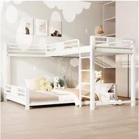 Merax Etagenbett 90x200cm/140x200cm in L-Form (Stockbett Jugendbett Mehrzweckbett, 1-St), Metallbett Doppelbett Kinderbett mit Stauraum, Leiter und Schutzzaun