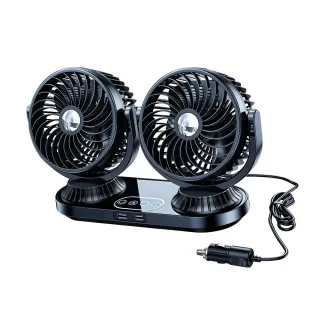 Fusika 12V 24V Dual Head Car Fan Dual USB Ports Brushless Motor 3 Speed Adjustment Auto Oscillation Universal Vehicle Co