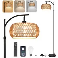 Lapamax LED Stehlampe Dimmbare Stehlampe Wohnzimmer Vintage Standleuchte mit Fernbedienung, App-Steuerung Rattan Stehleuchte Leinen Lampenschirm Bogenlampe Büro