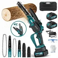 Bundviel Akku-Kettensäge 6+8 Zoll Elektro-Kettensäge 880W Bürstenloser Handkettensäge, Set, 2*2 AH akkus, 2 Führungsstange+2 Sägekette, Mehrfacher Sicherheitsschutz, für Garten Holz und Astscheren