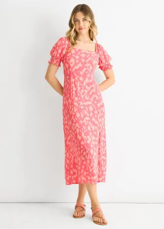 Pinkes Viskose-Midikleid mit Tiermuster und quadratischem Ausschnitt