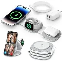 GreenHec Ladestation iPhone Apple Watch Foldable 3in1 Induktiv MagSafe Wireless Wireless Charger (3000 mA, Spar-Set, 3in1 PowerBase + USB-C Kabel + 20w Dual Charger, Charger 17 16 15 14 13 12 Pro Max Air Plus Station Induktionsladegerät)