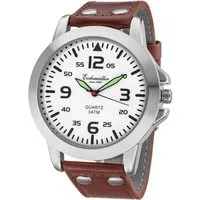 Eichmüller Quarzuhr Herrenuhr 45 mm Fliegeruhr mit weißem Zifferblatt RE1007, braunes Lederarmband