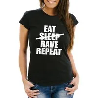 MoonWorks Print-Shirt Damen T-Shirt - Party, Festival, Feiern Spruch Shirt Techno - Eat Sleep Rave Repeat Heavy - Comfort Fit MoonWorks® mit Print
