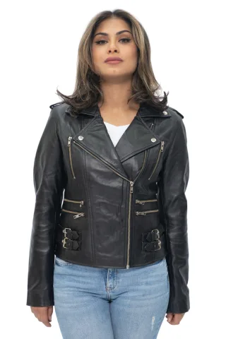 Damen Leder Vintage Brando Bikerjacke-Orlando