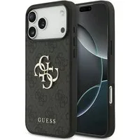 Guess Handyhülle iPhone 17 Pro Max Kunstleder grau Big Logo Metall goldfarben 6,9 Zoll, Kantenschutz