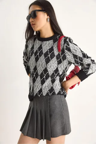 Damen Rundhals Strickpullover mit Rautenmuster